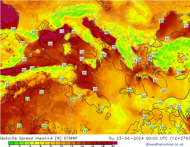 Isotachen Spread ECMWF zo 23.06.2024 00 UTC