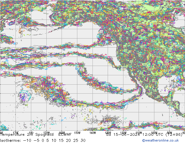 Temperature 2m Spaghetti ECMWF Sa 15.06.2024 12 UTC