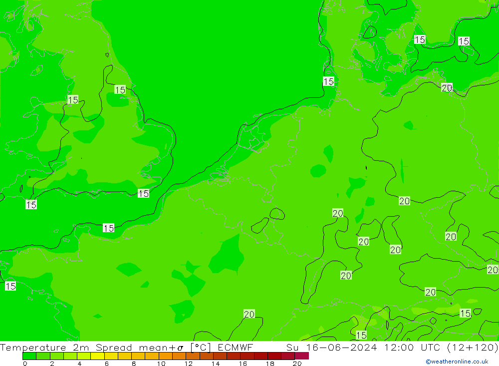 Sıcaklık Haritası 2m Spread ECMWF Paz 16.06.2024 12 UTC