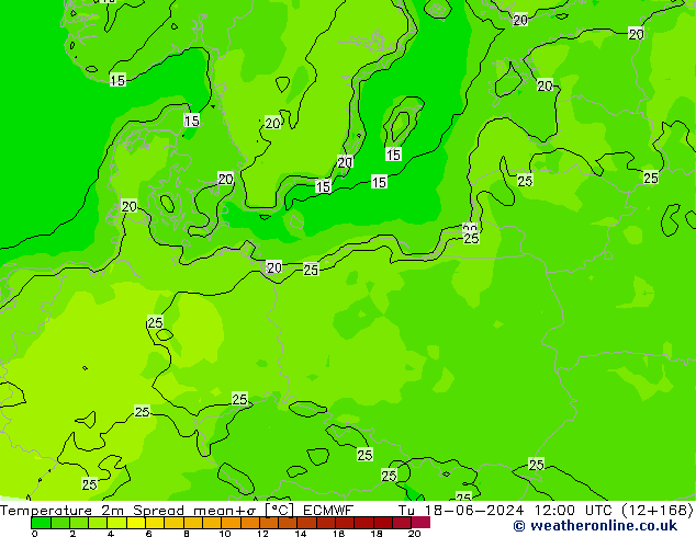 Temperatura 2m Spread ECMWF mar 18.06.2024 12 UTC