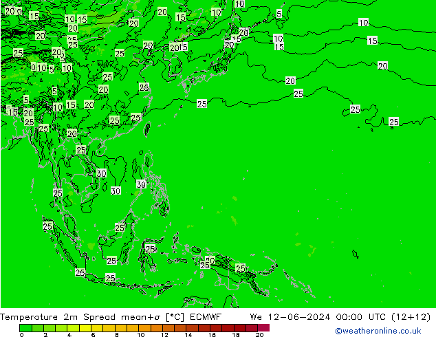 Temperatura 2m Spread ECMWF Qua 12.06.2024 00 UTC