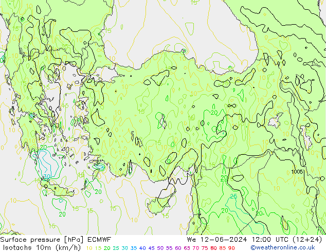 Isotachen (km/h) ECMWF wo 12.06.2024 12 UTC