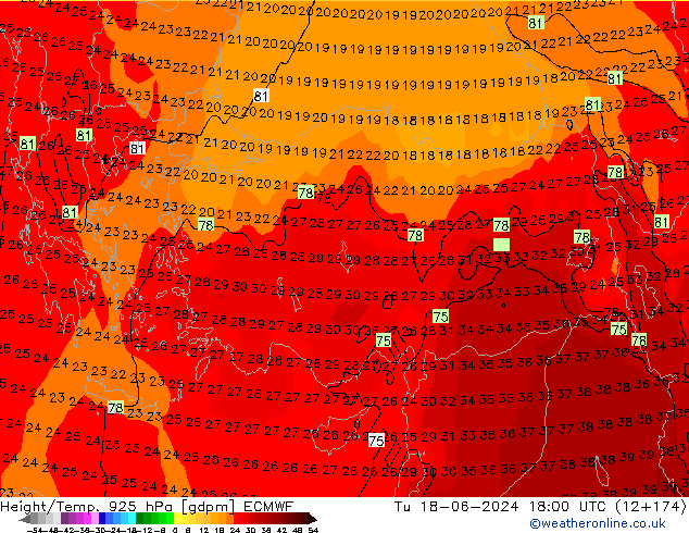 Height/Temp. 925 hPa ECMWF Tu 18.06.2024 18 UTC