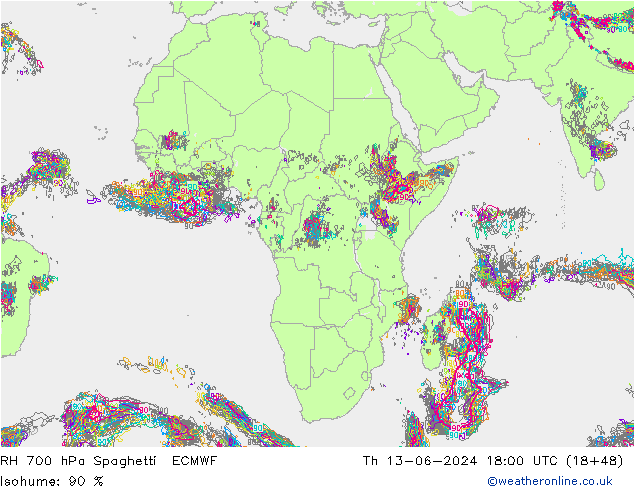 RH 700 гПа Spaghetti ECMWF чт 13.06.2024 18 UTC