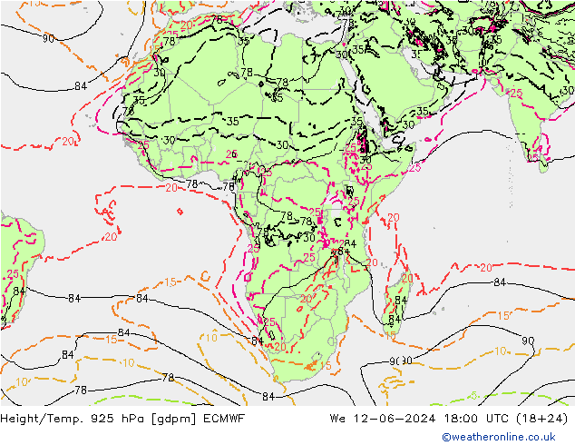 Hoogte/Temp. 925 hPa ECMWF wo 12.06.2024 18 UTC