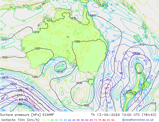 Isotachs (kph) ECMWF Čt 13.06.2024 12 UTC