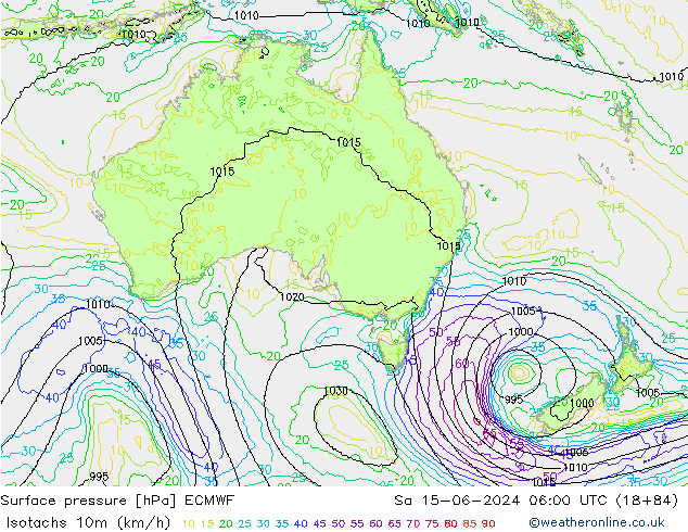 Isotachs (kph) ECMWF Sa 15.06.2024 06 UTC