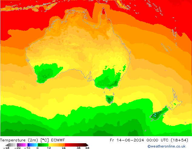 mapa temperatury (2m) ECMWF pt. 14.06.2024 00 UTC