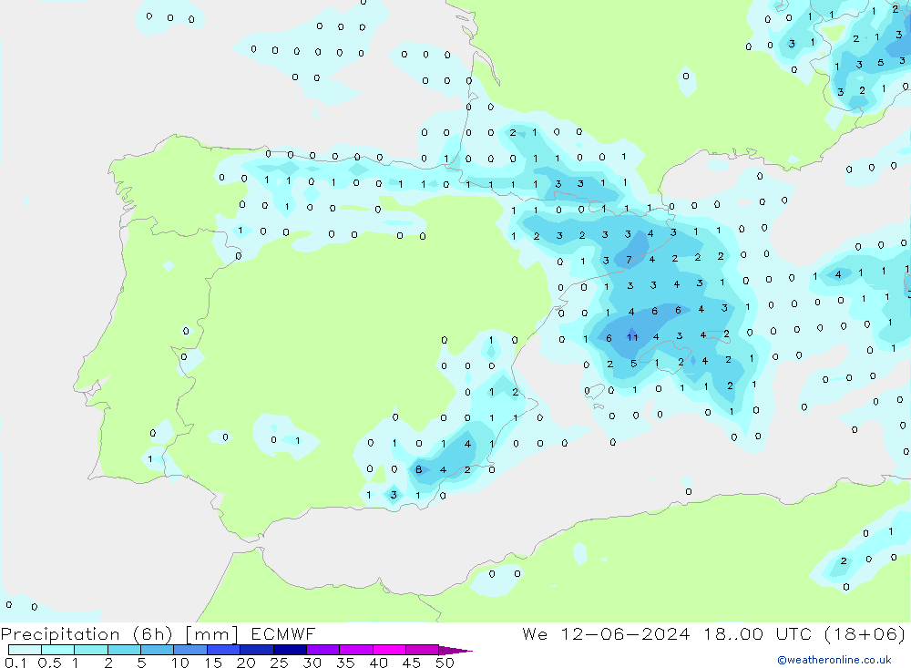 Precipitación (6h) ECMWF mié 12.06.2024 00 UTC