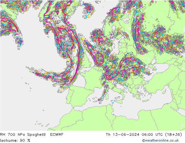 RH 700 hPa Spaghetti ECMWF Th 13.06.2024 06 UTC