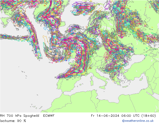 RH 700 hPa Spaghetti ECMWF Fr 14.06.2024 06 UTC