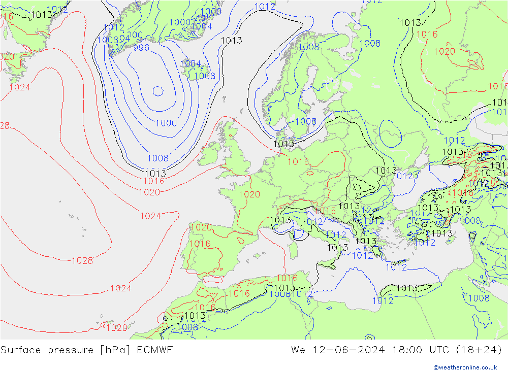 Presión superficial ECMWF mié 12.06.2024 18 UTC