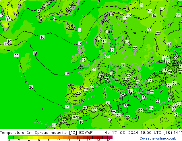 Temperatura 2m Spread ECMWF Seg 17.06.2024 18 UTC