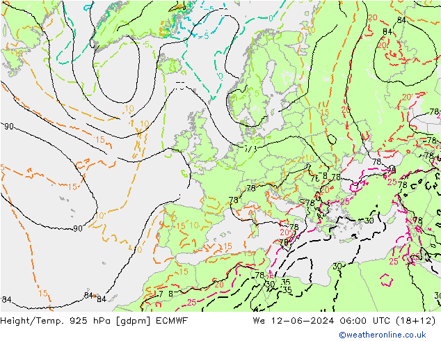 Geop./Temp. 925 hPa ECMWF mié 12.06.2024 06 UTC