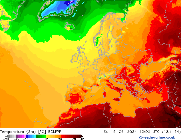 Temperature (2m) ECMWF Su 16.06.2024 12 UTC