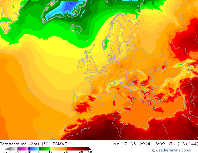 Temperature (2m) ECMWF Po 17.06.2024 18 UTC