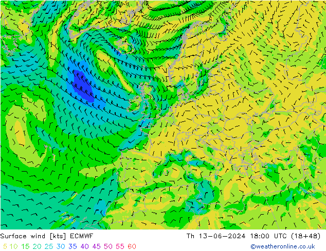 Wind 10 m ECMWF do 13.06.2024 18 UTC