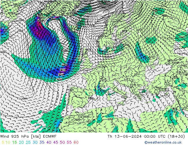 Wind 925 hPa ECMWF Th 13.06.2024 00 UTC