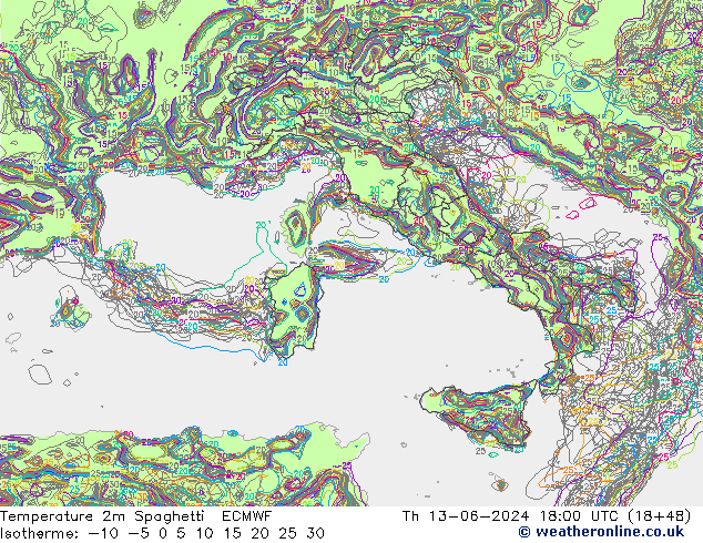 Temperature 2m Spaghetti ECMWF Čt 13.06.2024 18 UTC