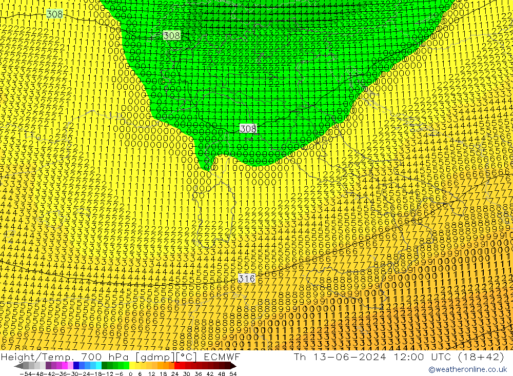 Height/Temp. 700 hPa ECMWF Qui 13.06.2024 12 UTC