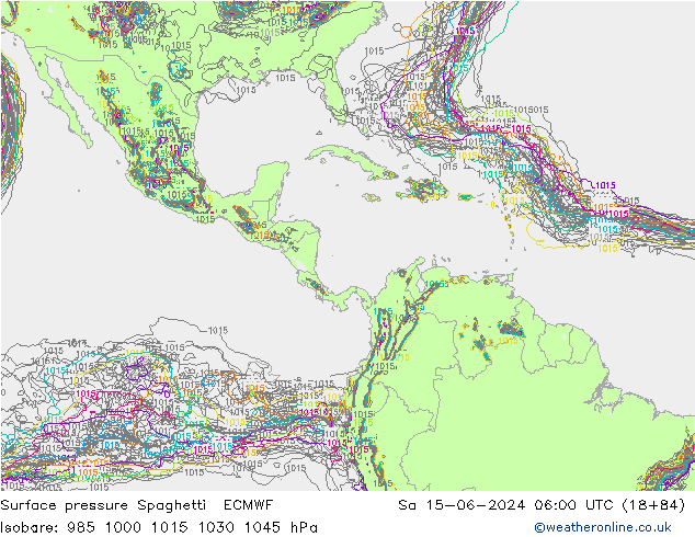 Pressione al suolo Spaghetti ECMWF sab 15.06.2024 06 UTC