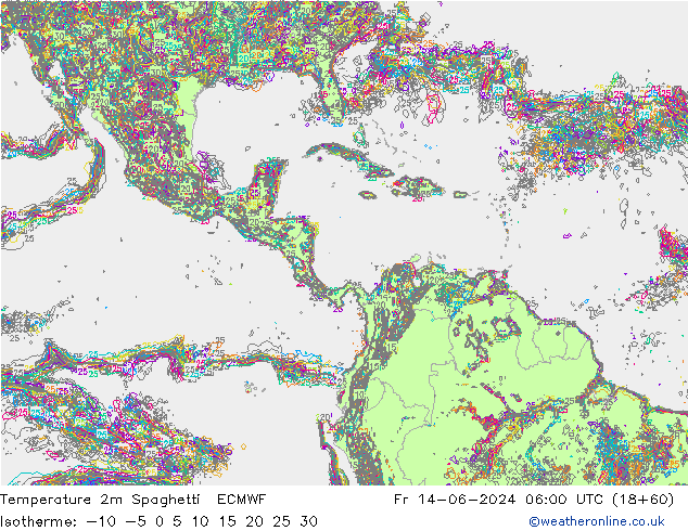température 2m Spaghetti ECMWF ven 14.06.2024 06 UTC