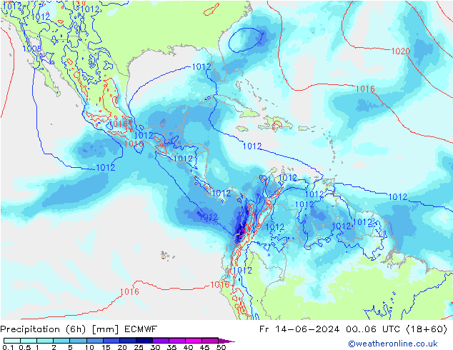 Totale neerslag (6h) ECMWF vr 14.06.2024 06 UTC