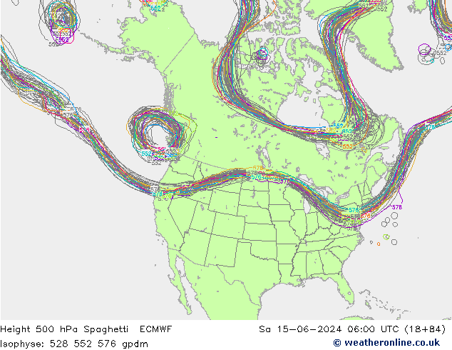 Hoogte 500 hPa Spaghetti ECMWF za 15.06.2024 06 UTC