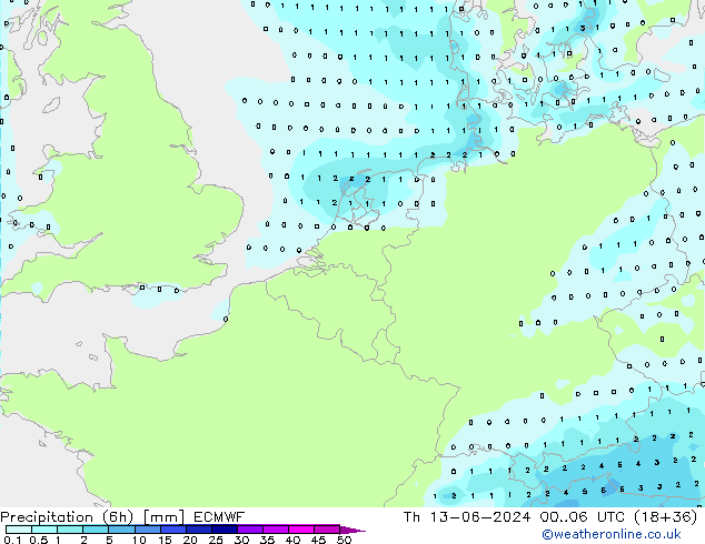 Precipitation (6h) ECMWF Th 13.06.2024 06 UTC