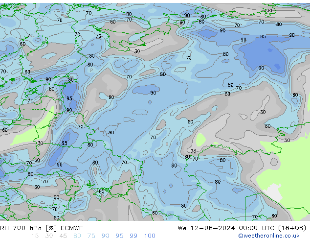 RH 700 hPa ECMWF śro. 12.06.2024 00 UTC