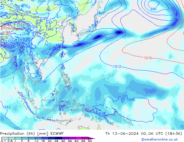 Totale neerslag (6h) ECMWF do 13.06.2024 06 UTC