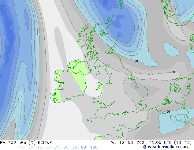 Humidité rel. 700 hPa ECMWF mer 12.06.2024 12 UTC