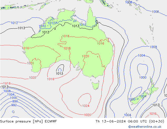 Pressione al suolo ECMWF gio 13.06.2024 06 UTC