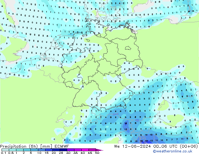 Nied. akkumuliert (6Std) ECMWF Mi 12.06.2024 06 UTC