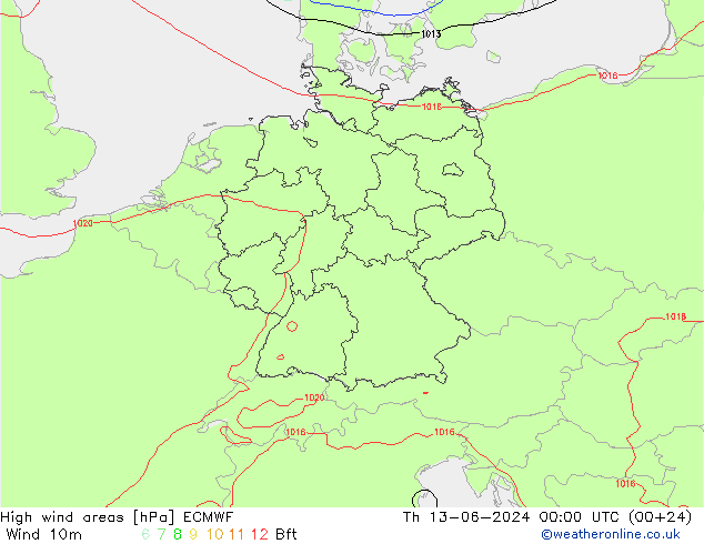 yüksek rüzgarlı alanlar ECMWF Per 13.06.2024 00 UTC