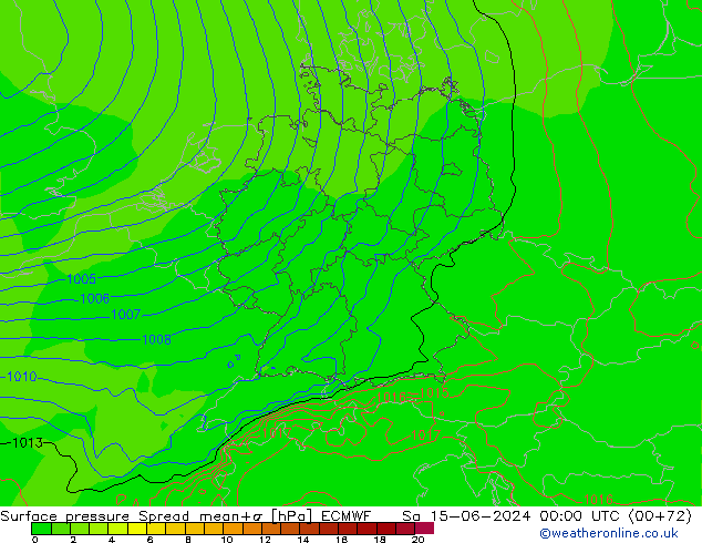 Surface pressure Spread ECMWF Sa 15.06.2024 00 UTC