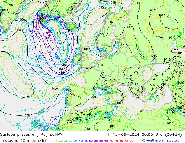 Isotachen (km/h) ECMWF Do 13.06.2024 00 UTC