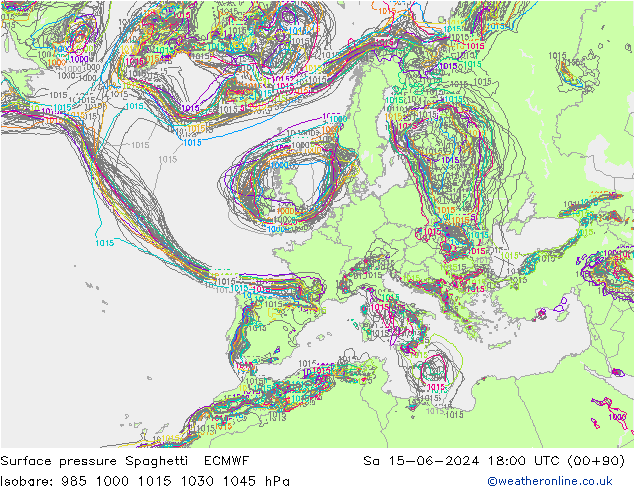 Presión superficial Spaghetti ECMWF sáb 15.06.2024 18 UTC