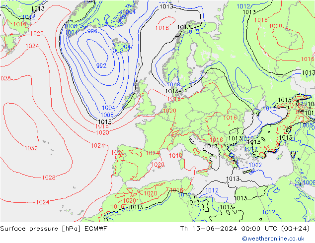 地面气压 ECMWF 星期四 13.06.2024 00 UTC
