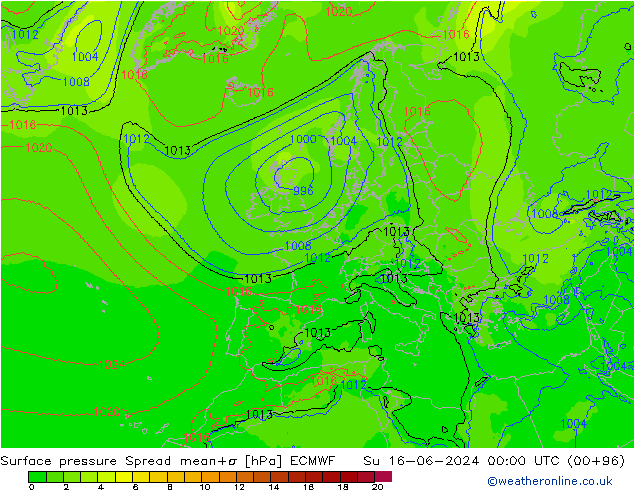 Surface pressure Spread ECMWF Su 16.06.2024 00 UTC