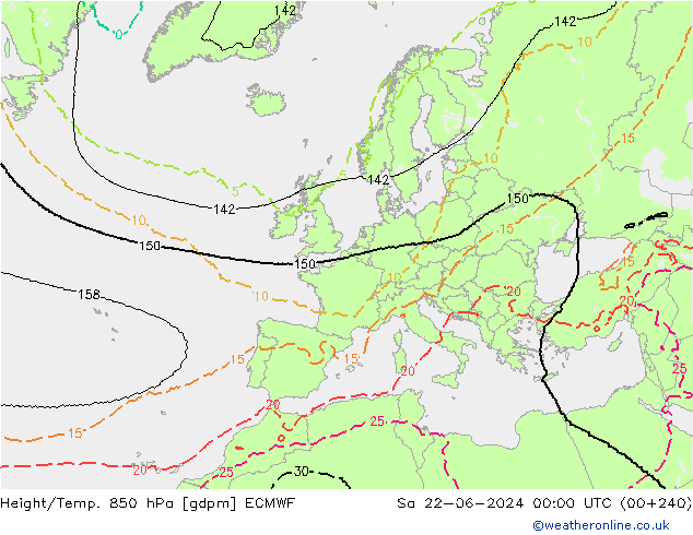 Height/Temp. 850 hPa ECMWF Sa 22.06.2024 00 UTC