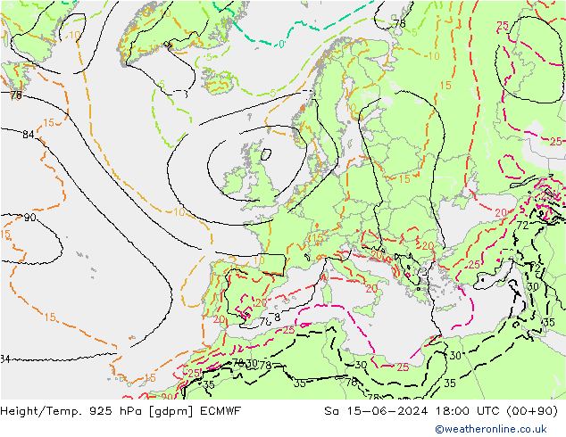 Yükseklik/Sıc. 925 hPa ECMWF Cts 15.06.2024 18 UTC