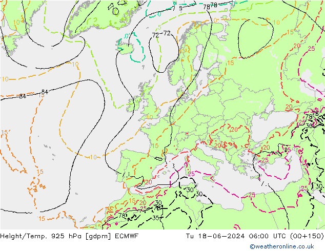 Height/Temp. 925 hPa ECMWF Tu 18.06.2024 06 UTC