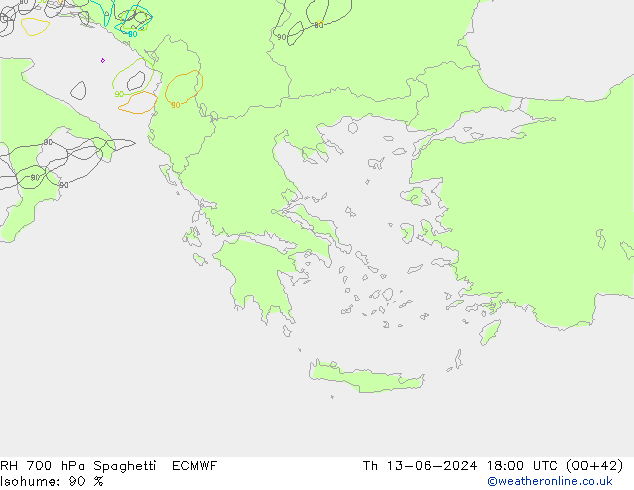 RH 700 hPa Spaghetti ECMWF Qui 13.06.2024 18 UTC