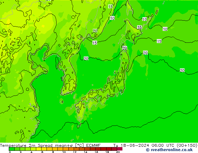Temperature 2m Spread ECMWF Tu 18.06.2024 06 UTC