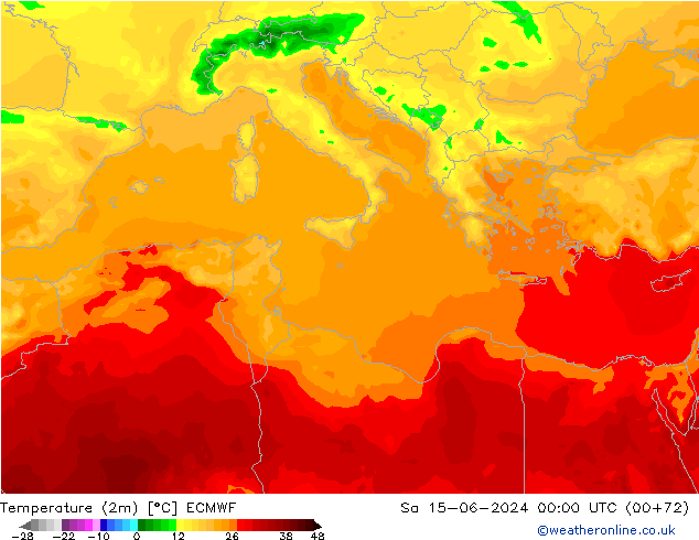 Temperature (2m) ECMWF Sa 15.06.2024 00 UTC