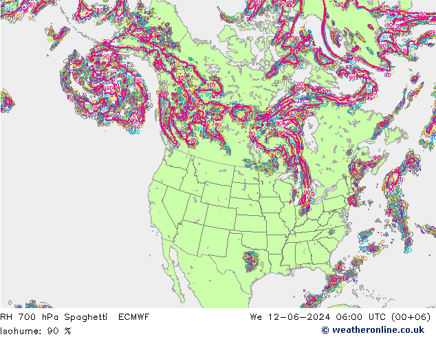 RH 700 hPa Spaghetti ECMWF Qua 12.06.2024 06 UTC