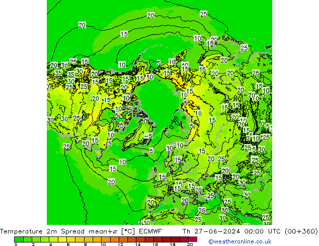 Temperature 2m Spread ECMWF Th 27.06.2024 00 UTC