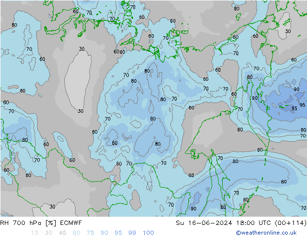 Humedad rel. 700hPa ECMWF dom 16.06.2024 18 UTC