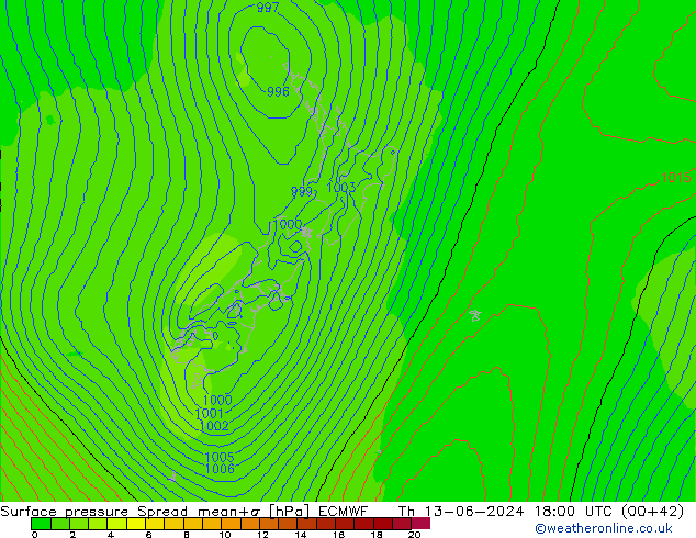 Surface pressure Spread ECMWF Th 13.06.2024 18 UTC